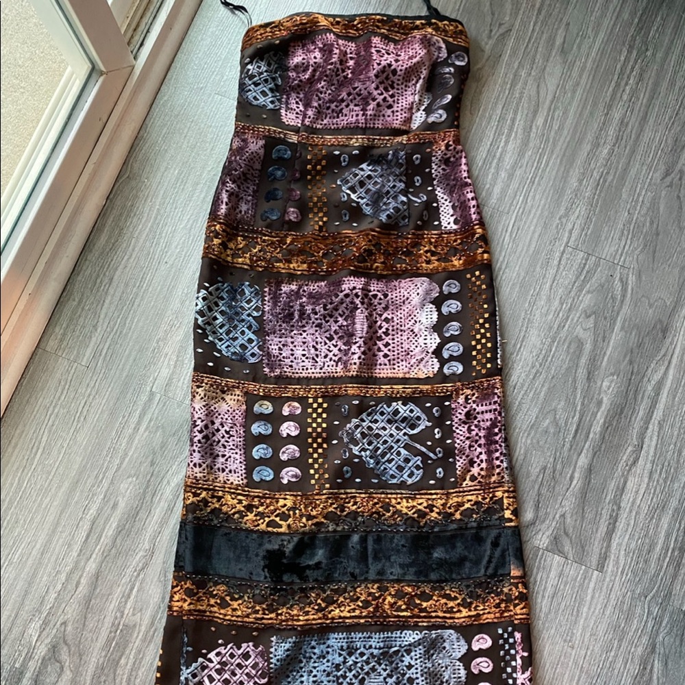 Vintage Kay Unger dress in an ornate colorful pattern